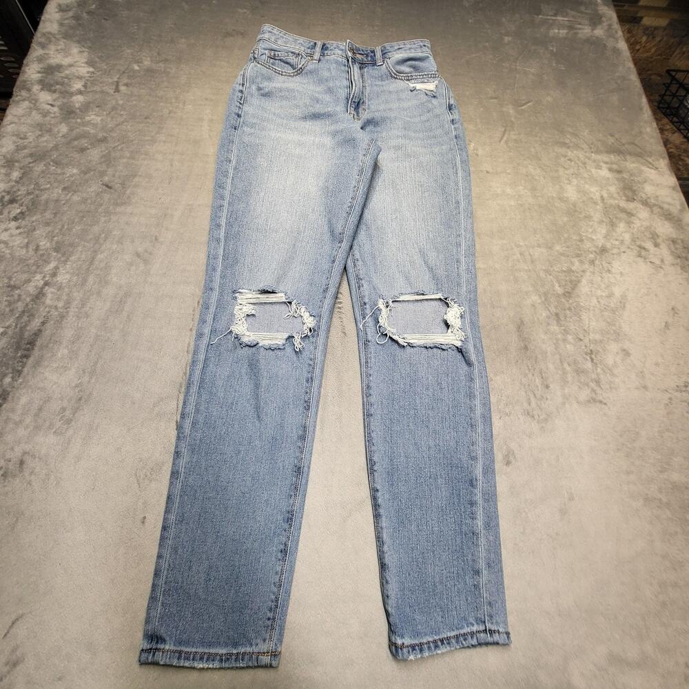 American Eagle Jeans Womens 2 Tall Blue Mom Relaxed Light Wash Denim Distressed